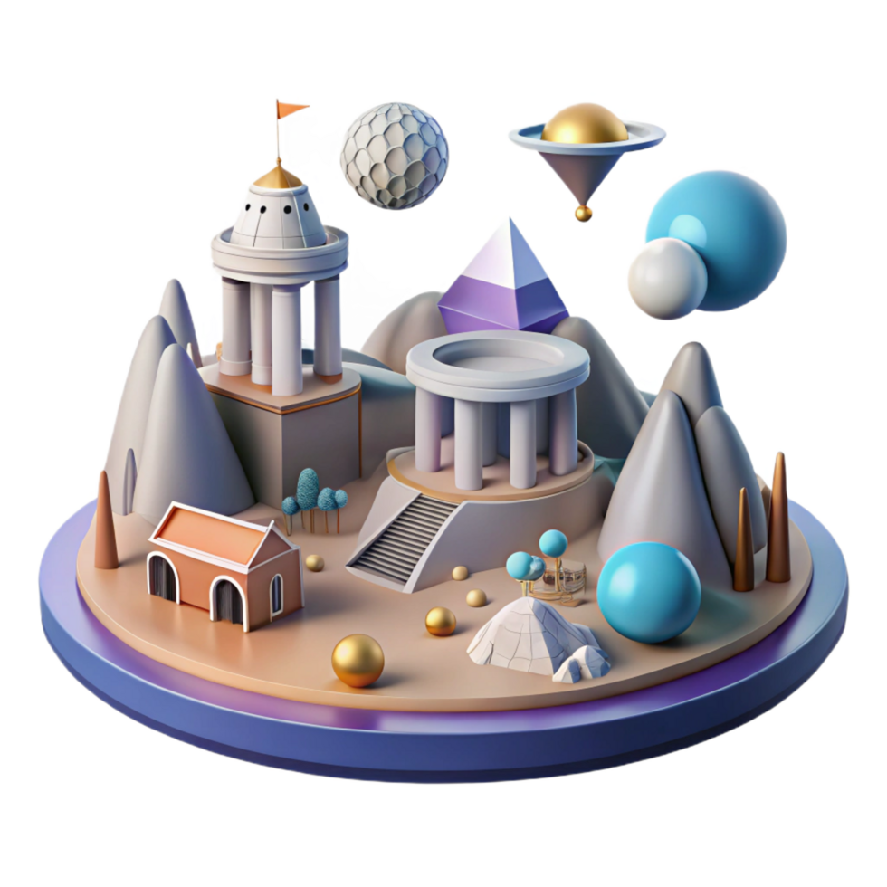 stunning vintage 3D Render Whimsical Island with Geometric Structures high resolution png