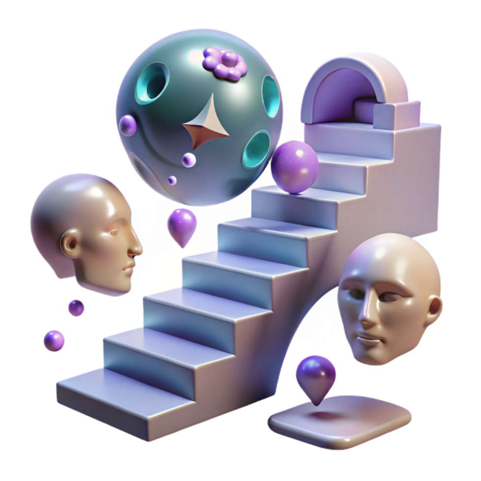 extraordinary contemporary Abstract 3D Staircase, Surrealism, Geometric Shapes, Head Sculptures, Purple Spheres, Lavender Hues, Digital Art, Modern Art, 3D Rendering, Abstract Background professional png