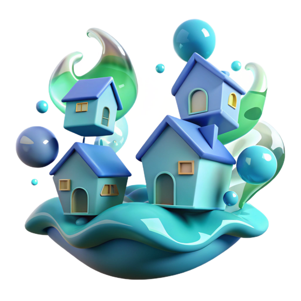 wonderful contemporary Floating Houses 3D Render of Abstract Homes on a Wave genuine png