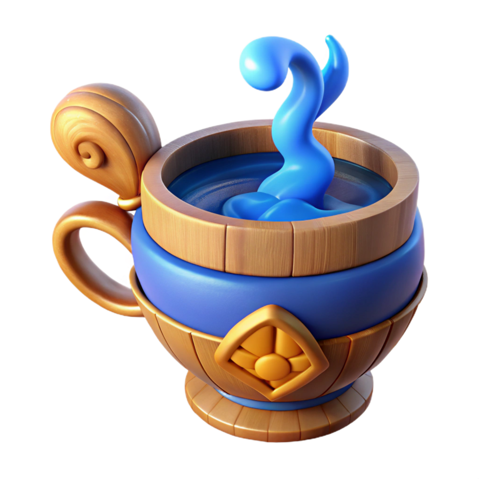 magnificent modern Steaming Blue Potion in Wooden Mug detailed png