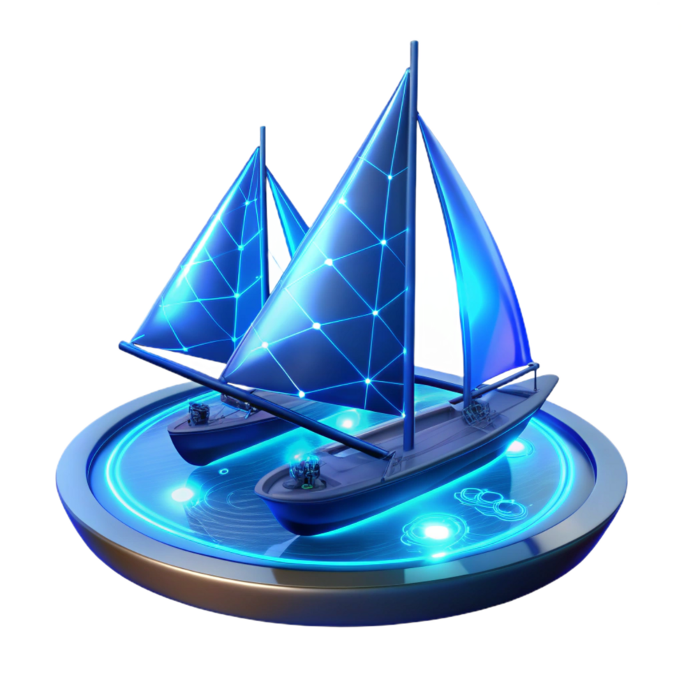 beautiful rustic Futuristic Sailing Digital Twin Boats on Illuminated Platform high quality png