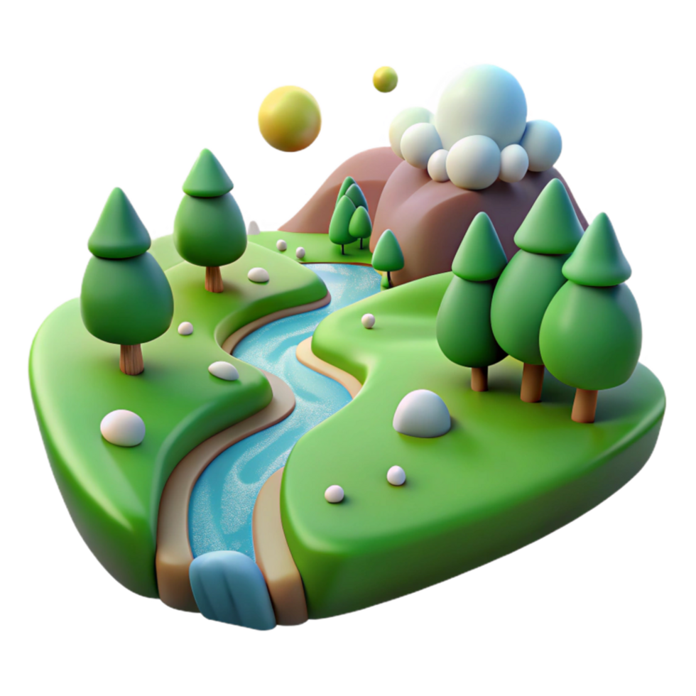 beautiful minimalist Serene River Landscape 3D Render of Idyllic Nature Scene original png