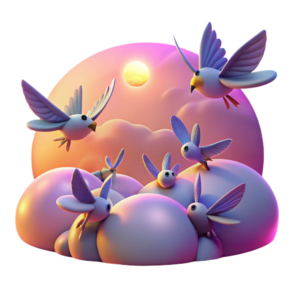 wonderful creative Sunset Flight Birds and Fireflies in Dreamy Clouds detailed png