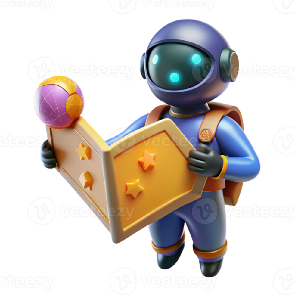 magnificent vintage 3D Render Astronaut Robot Reading Book Illustration 4K png