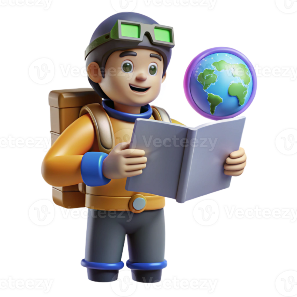 magnificent traditional 3D Cartoon Boy Exploring Globe premium png