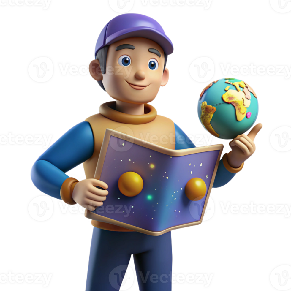 stunning creative 3D Cartoon Boy Exploring Planets with a Globe and Star Map Illustration high resolution png