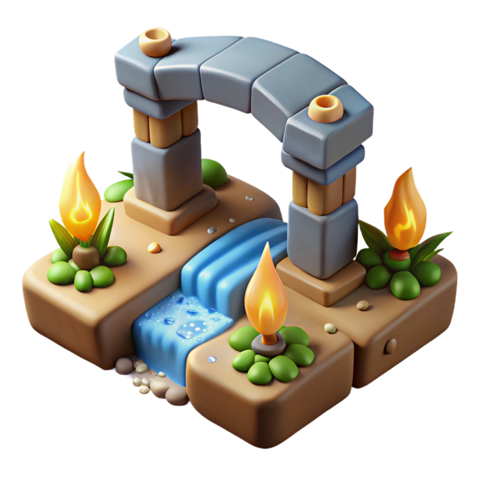 serene creative Fantasy Stone Bridge 3D Model River, Flames, Plants high resolution png