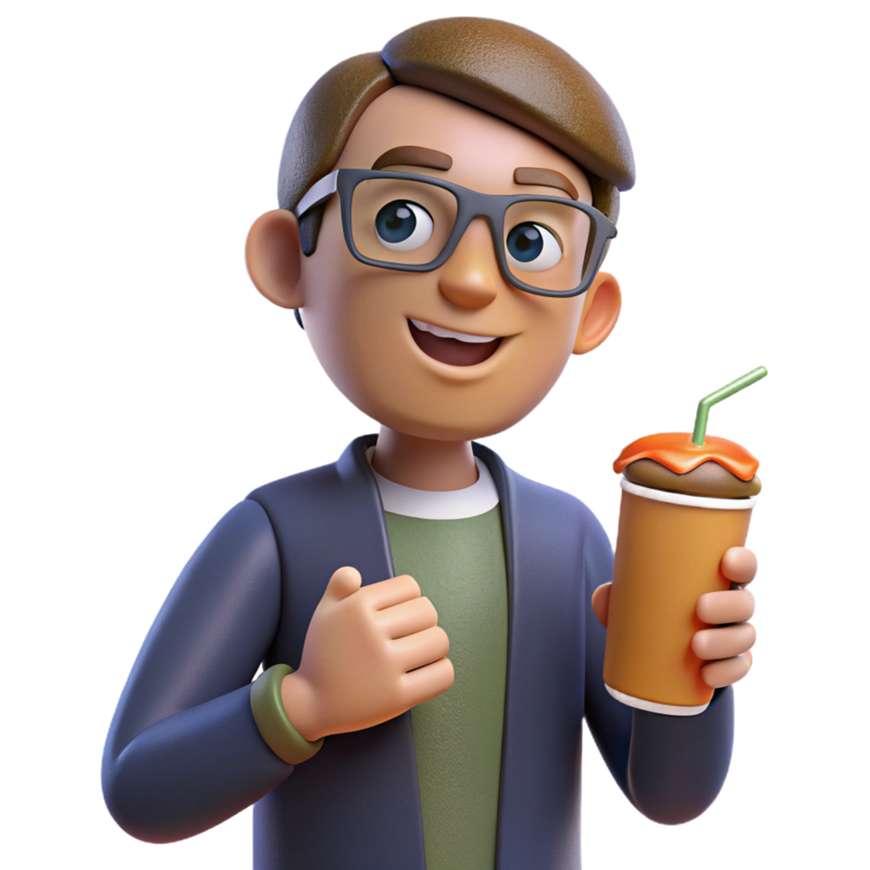 elegant classic 3D Cartoon Man Holding a Refreshing Drink professional png