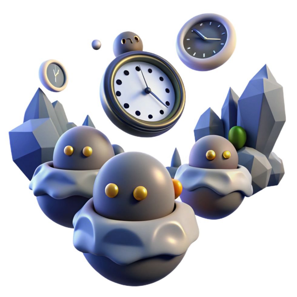 beautiful classic Time, Crystals, and Cute Characters A 3D Render authentic png