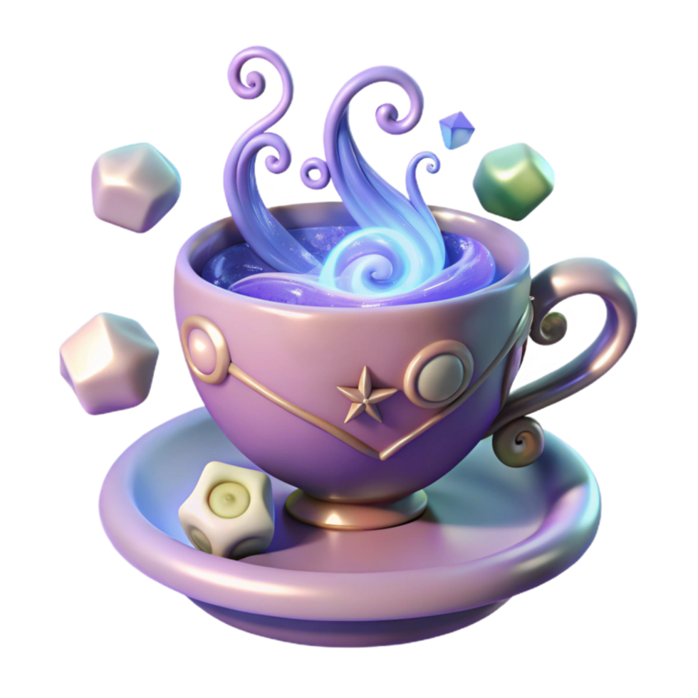 serene traditional Magical Teacup Sparkling Potion, Cubes, and Whimsical Steam professional png