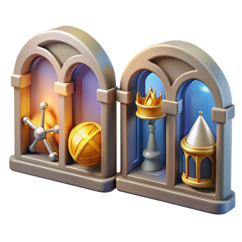 stunning artistic Archway Collection Golden Objects, Chess Piece, Molecule Model authentic png