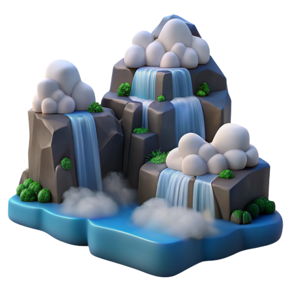 vibrant classic Serene Waterfall 3D Scene Clouds, Rocks, and Water high resolution png