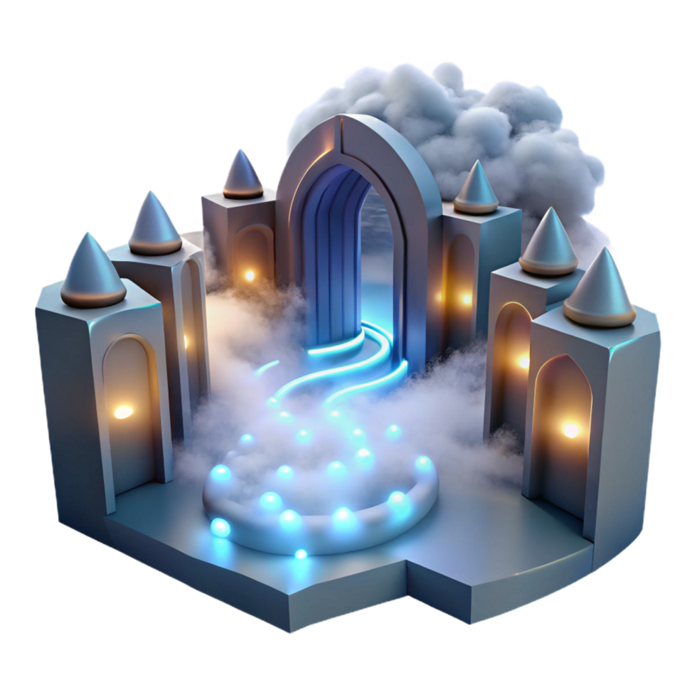 serene modern Enchanted Gateway 3D Render of a Mystical Cloud Realm detailed png