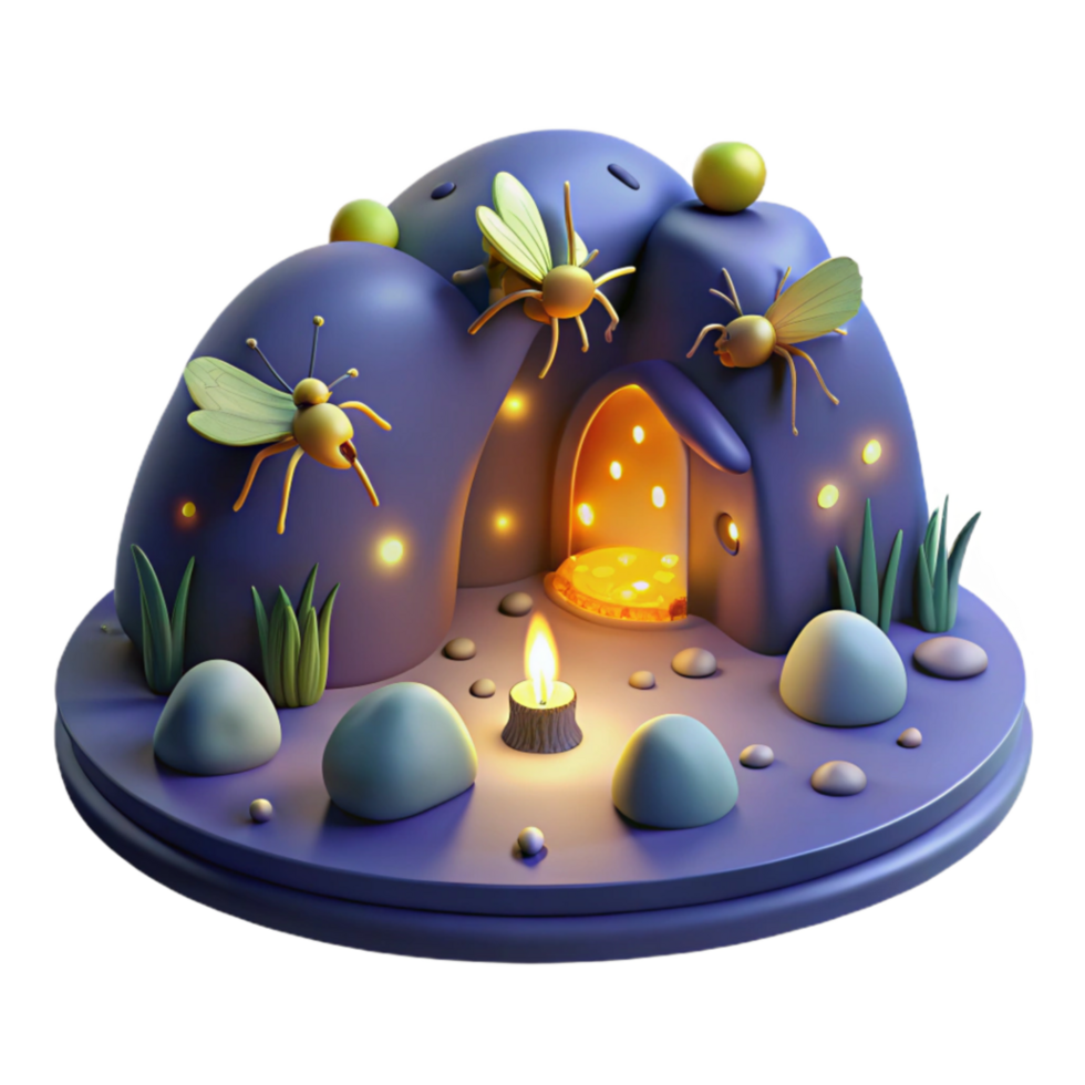 magnificent artistic Enchanted Firefly Cave 3D Render of Magical Night Scene professional png