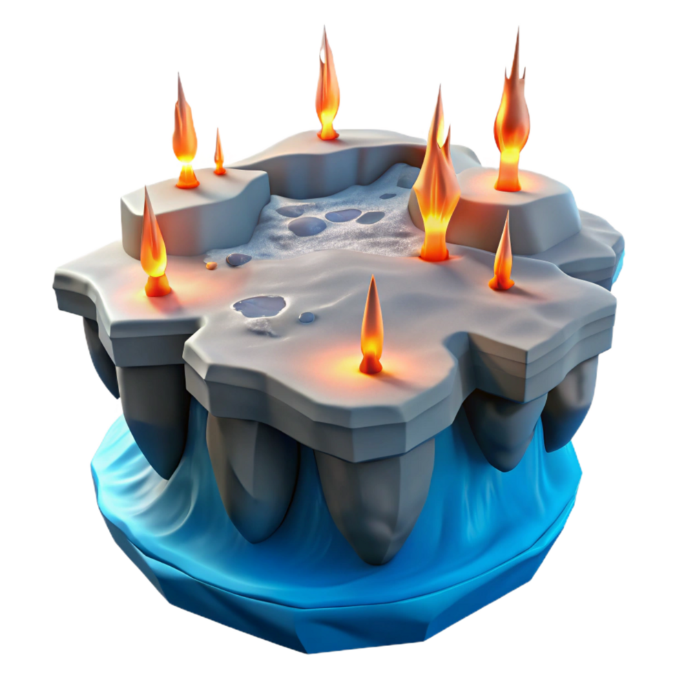 elegant minimalist Island with Flaming Peaks A 3D Render detailed png