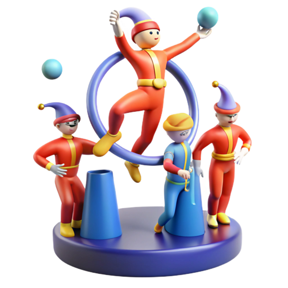 impressive classic 3D Cartoon Circus Performers Juggling, Hoops, and Acrobatics original png