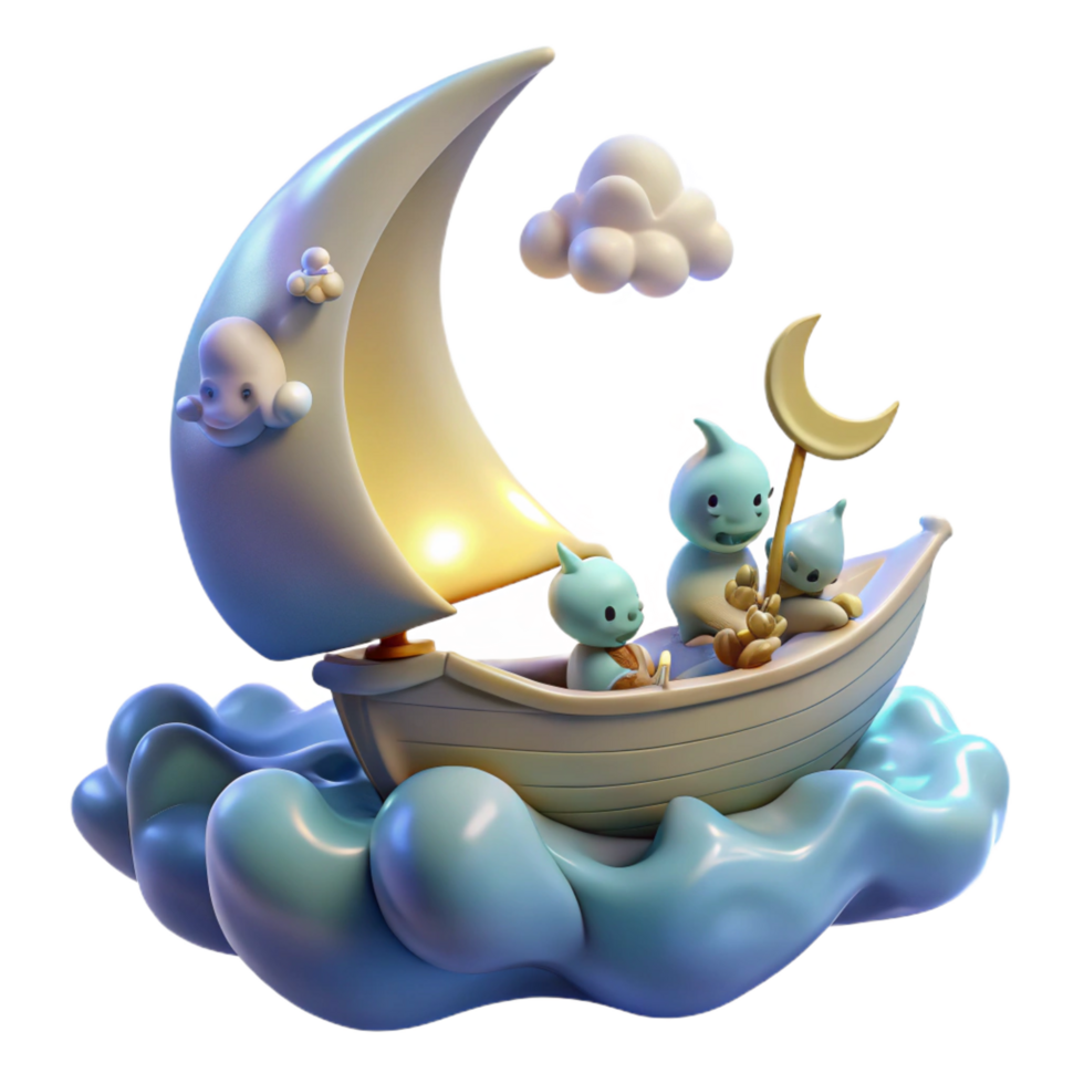 stunning abstract Whimsical Moonlit Sailboat Adventure with Cute Creatures 4K png