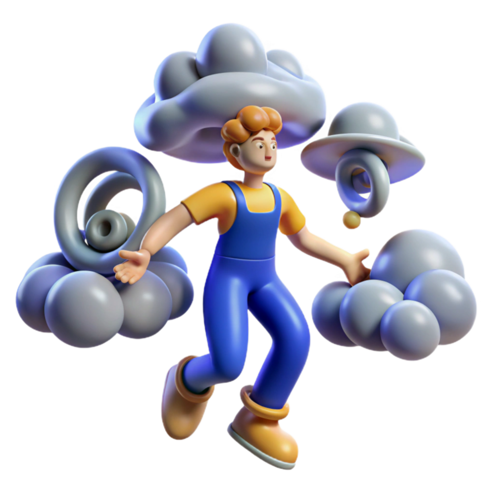 stunning minimalist 3D Render of Boy Jumping Among Clouds and Abstract Shapes high quality png