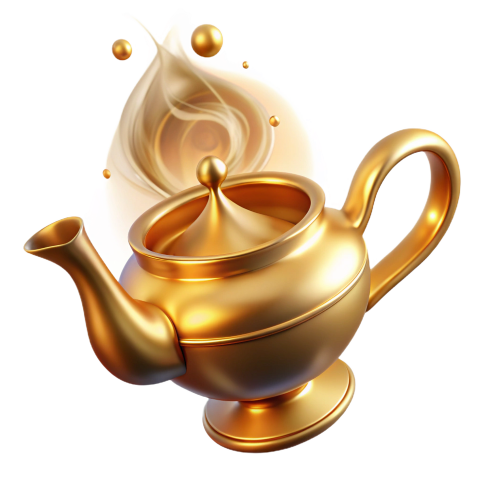 extraordinary artistic Golden Teapot with Steam and Liquid Splash premium png