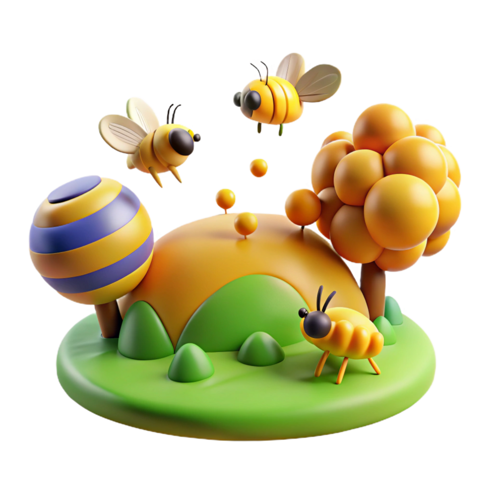 magnificent traditional Cute Cartoon Bees in a 3D Honeycomb Landscape original png