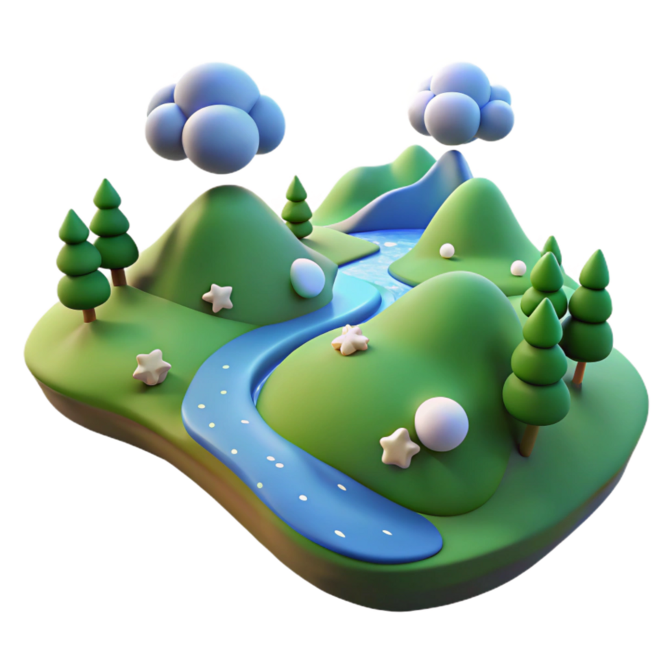 vibrant creative 3D Cartoon Landscape Hills, River, Clouds, Trees exclusive png
