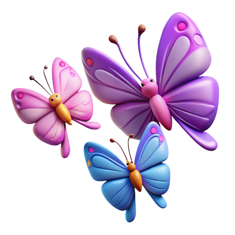 beautiful minimalist Three Colorful Cartoon Butterflies detailed png