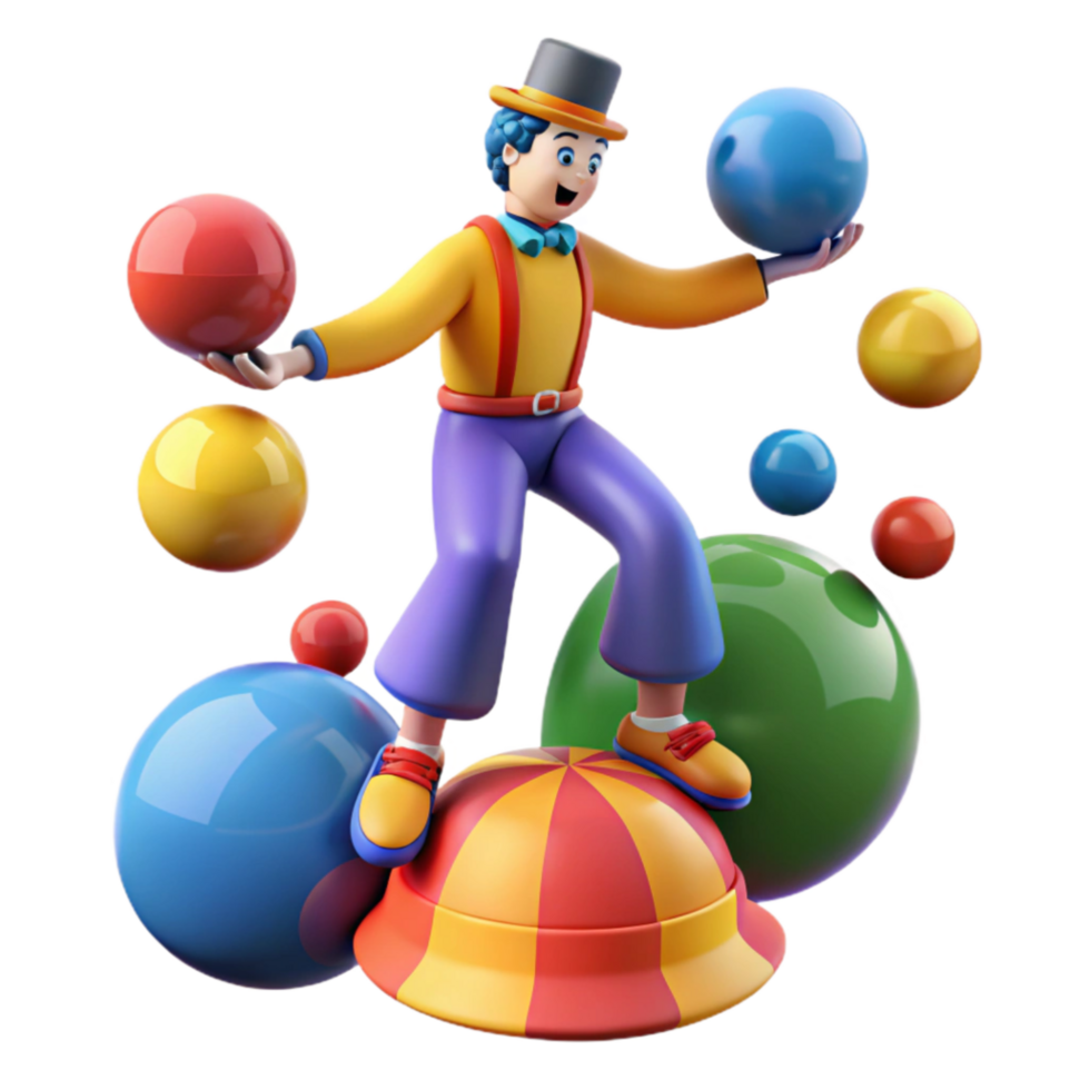 stunning minimalist 3D Juggler Cartoon Character Balancing on Colorful Spheres original png