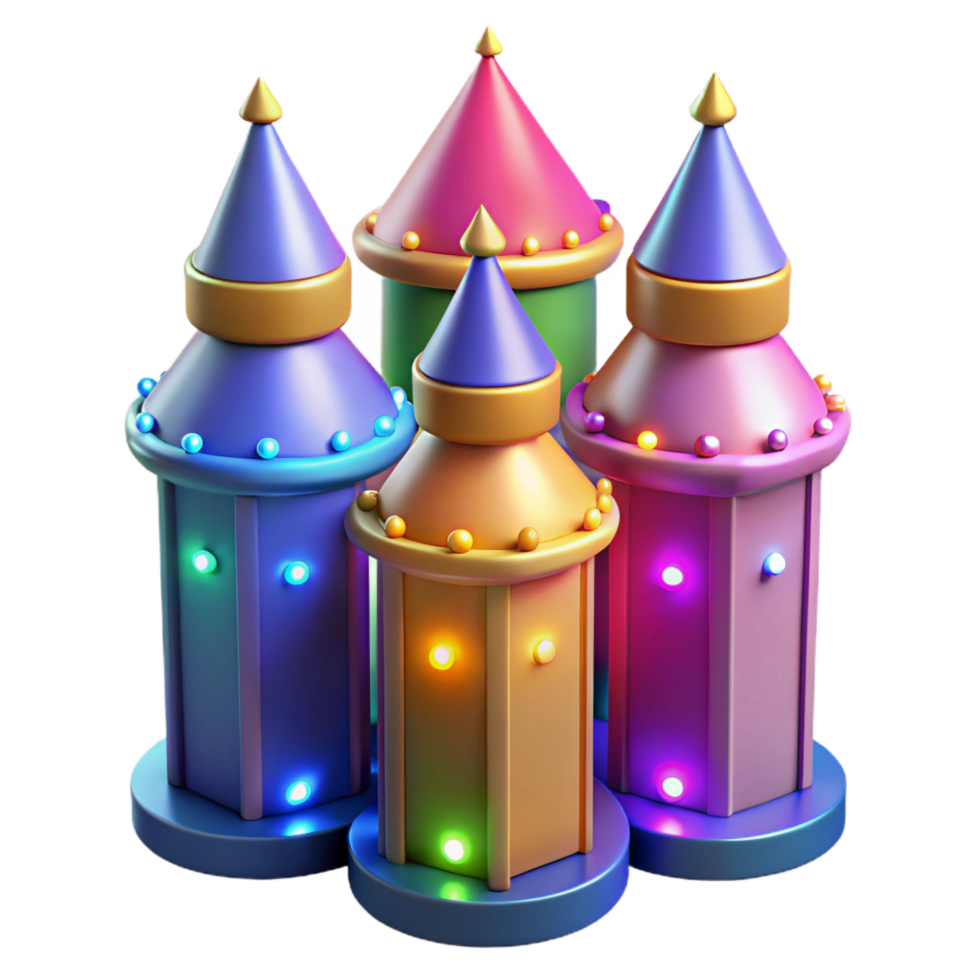 beautiful traditional Colorful Cartoon Castle, Illuminated Towers, 3D Render high resolution png