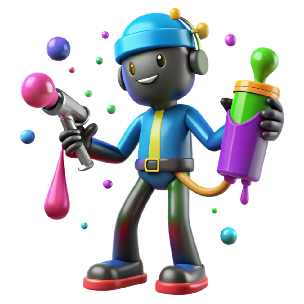 serene artistic Colorful 3D Robot with Paint Guns authentic png
