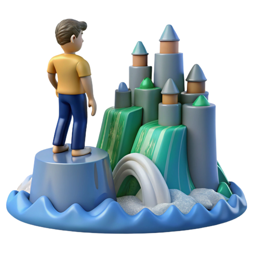 elegant minimalist Child Gazing at a 3D Cartoon Sandcastle genuine png