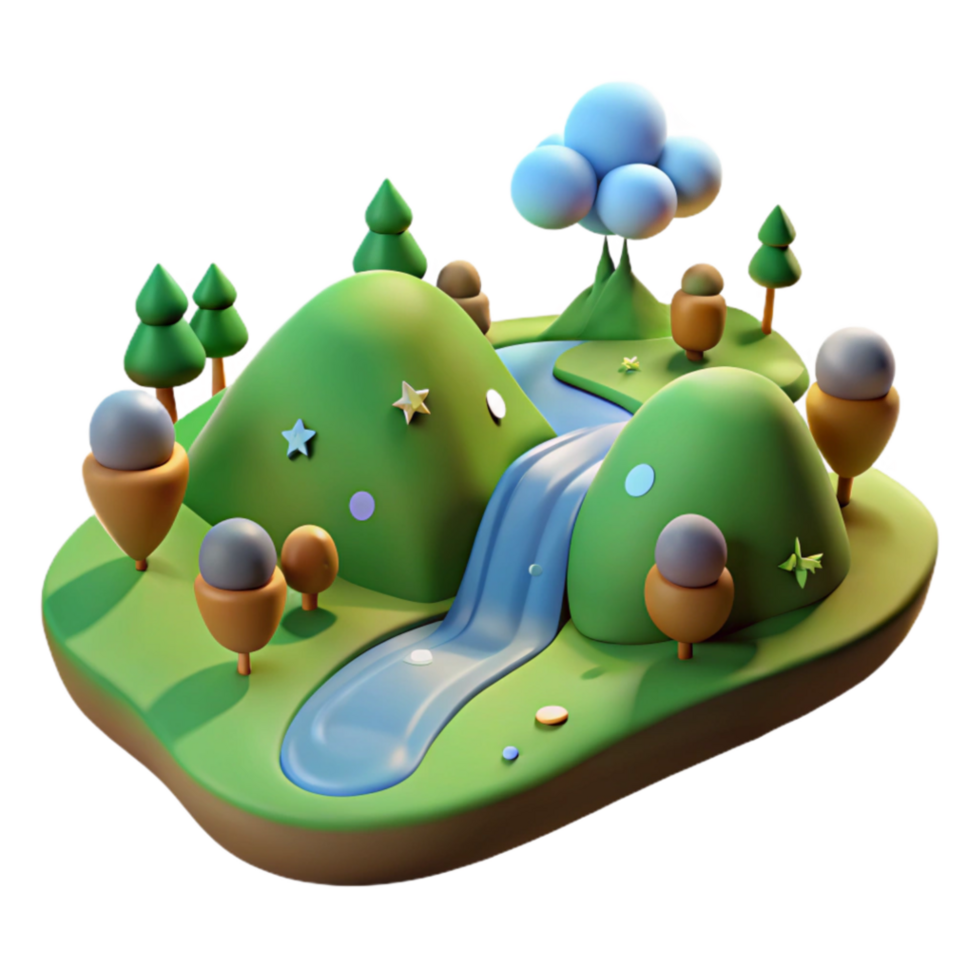 magnificent minimalist Cartoon Landscape Hills, River, and Trees detailed png