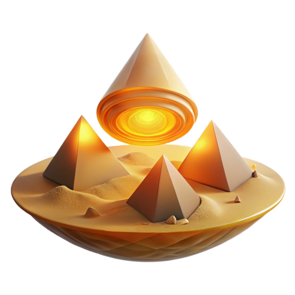dramatic modern Golden Pyramids on Desert Isle Abstract 3D Render original png