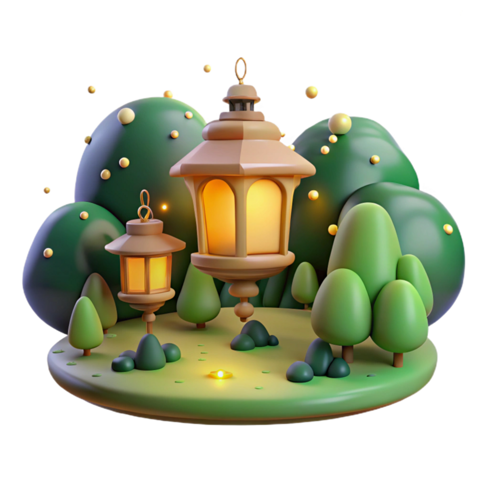 stunning rustic 3D Render Illuminated Lanterns in a Serene Night Landscape 4K png