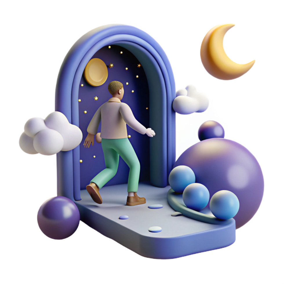 extraordinary minimalist Night Journey A 3D Render of a Person Walking Through a Starlit Portal high quality png
