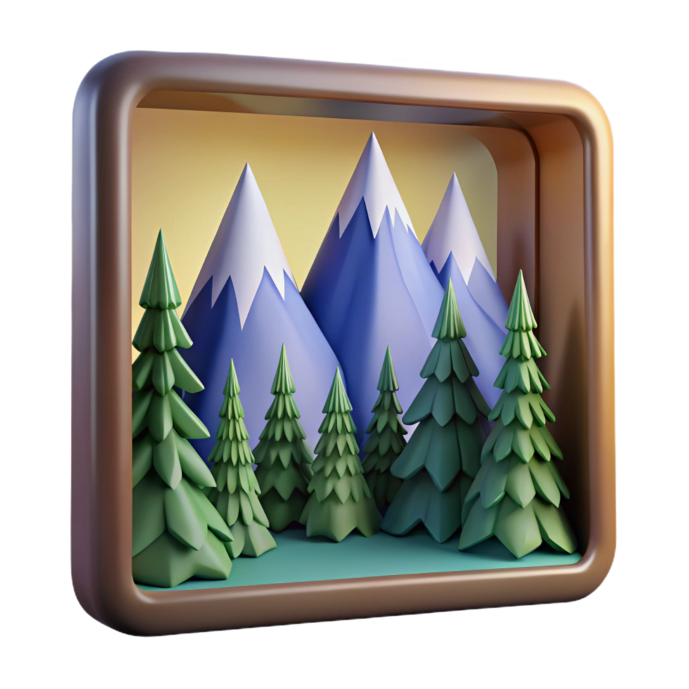 wonderful contemporary Mountain Landscape, Evergreen Trees, 3D Render, Scenic View, Nature Art, Digital Artwork, Winter Mountains, Frame, Artistic Illustration, Abstract Background original png