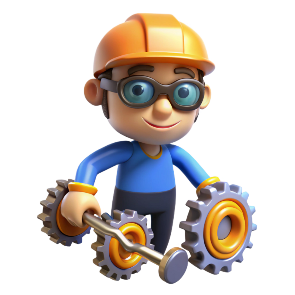beautiful modern Cartoon Mechanic with Gears 3D Render high resolution png
