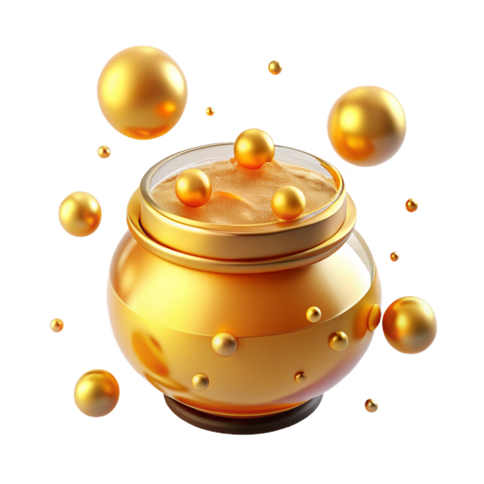 elegant modern Golden Pot of Pearls Luxury Cosmetic Jar with Floating Spheres high quality png