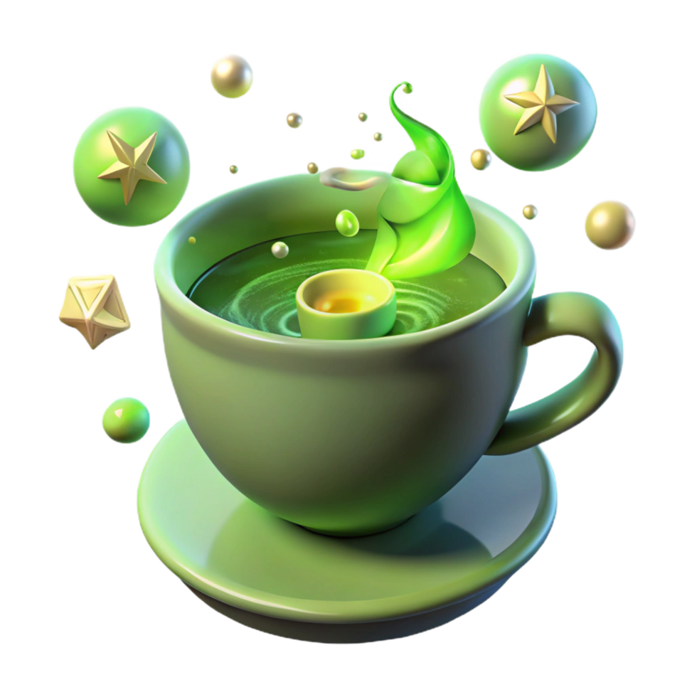 elegant creative Whimsical Green Tea 3D Render of a Magical Drink premium png