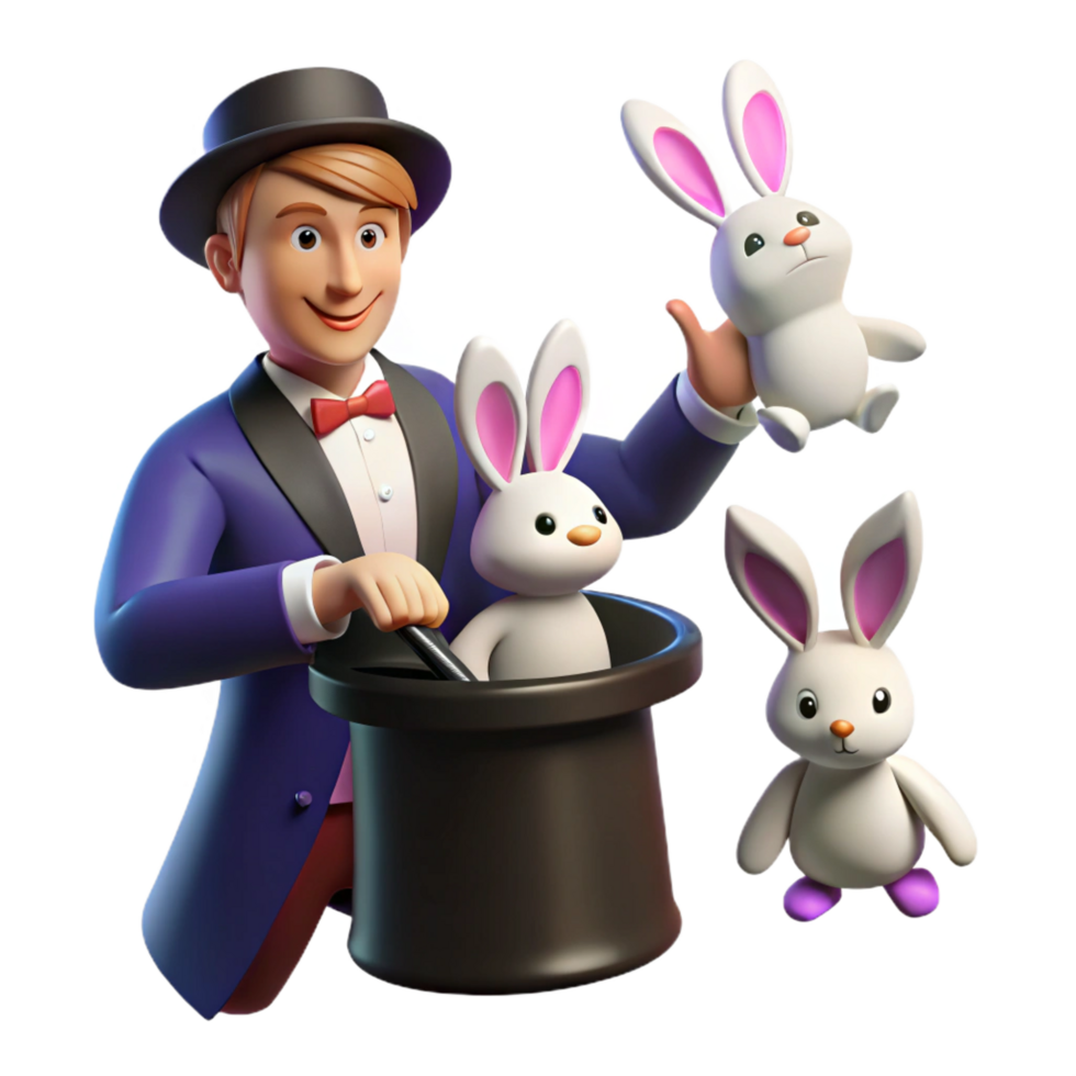 elegant traditional Magician Pulling Rabbits from Hat 3D Animation authentic png