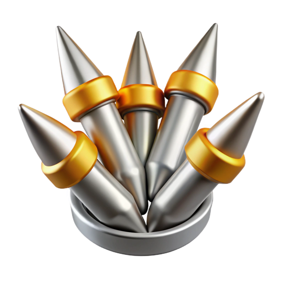 dramatic modern Silver and Gold Conical Projectiles in a Circular Holder authentic png