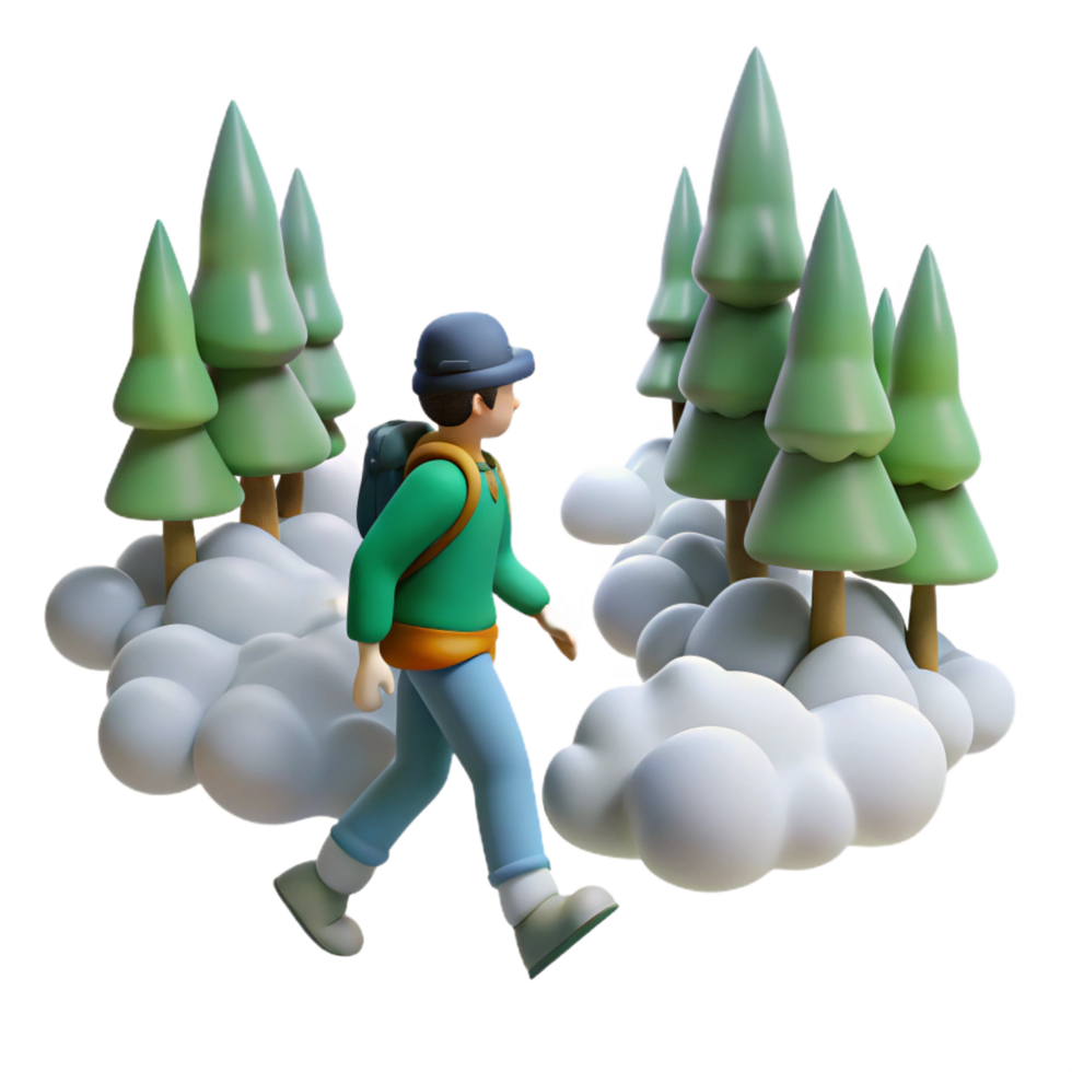 stunning minimalist 3D Render Hiker Walking in Snowy Forest professional png