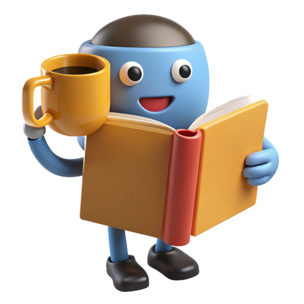 magnificent rustic 3D Robot Reading Book with Coffee professional png