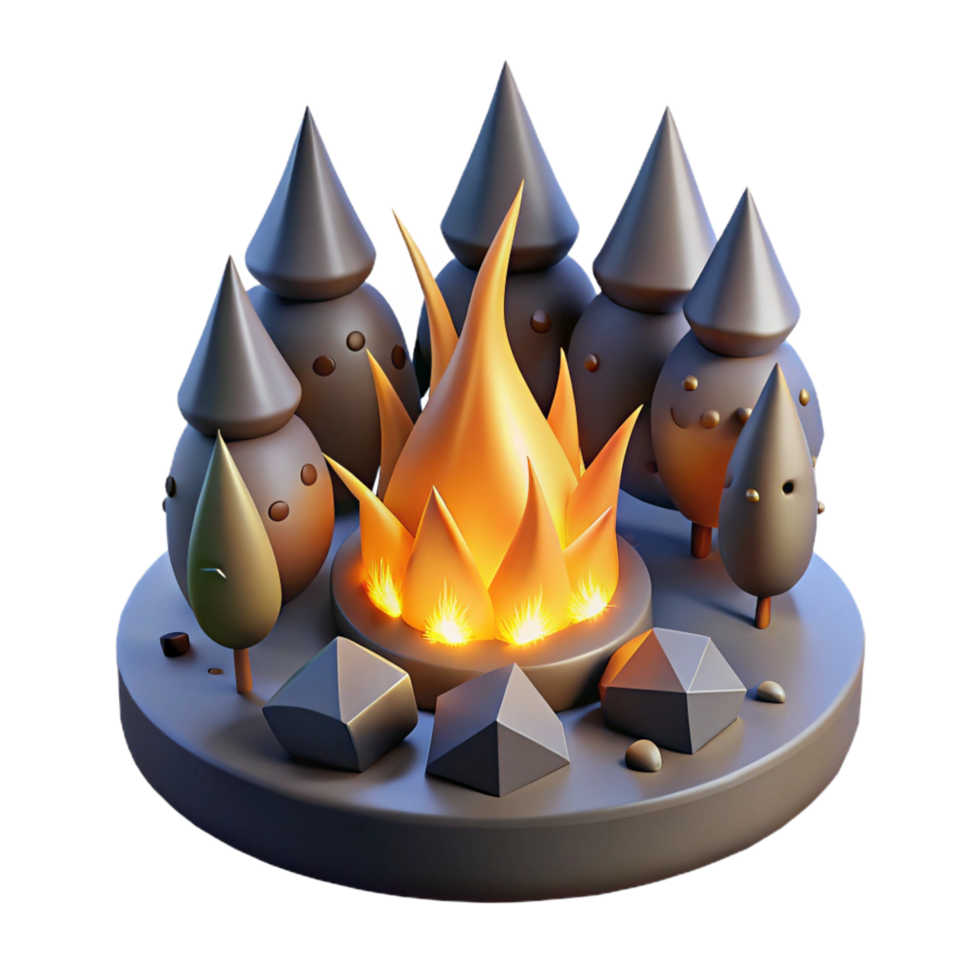 dramatic traditional Campfire Scene 3D Render of Ember, Flames, and Trees high resolution png
