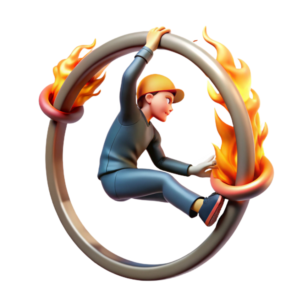 stunning abstract 3D Cartoon Worker Conquering Fiery Ring original png