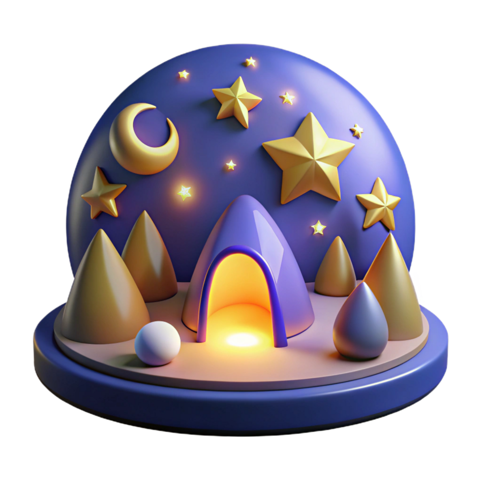 serene abstract Night Sky Tent 3D Render Moon, Stars, and Campsite premium png