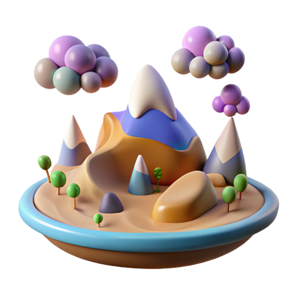 vibrant abstract 3D Cartoon Island Mountains, Clouds, and Trees authentic png