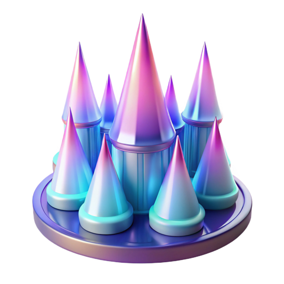 serene minimalist Iridescent Conical Castle 3D Render of Fantasy Architecture high resolution png