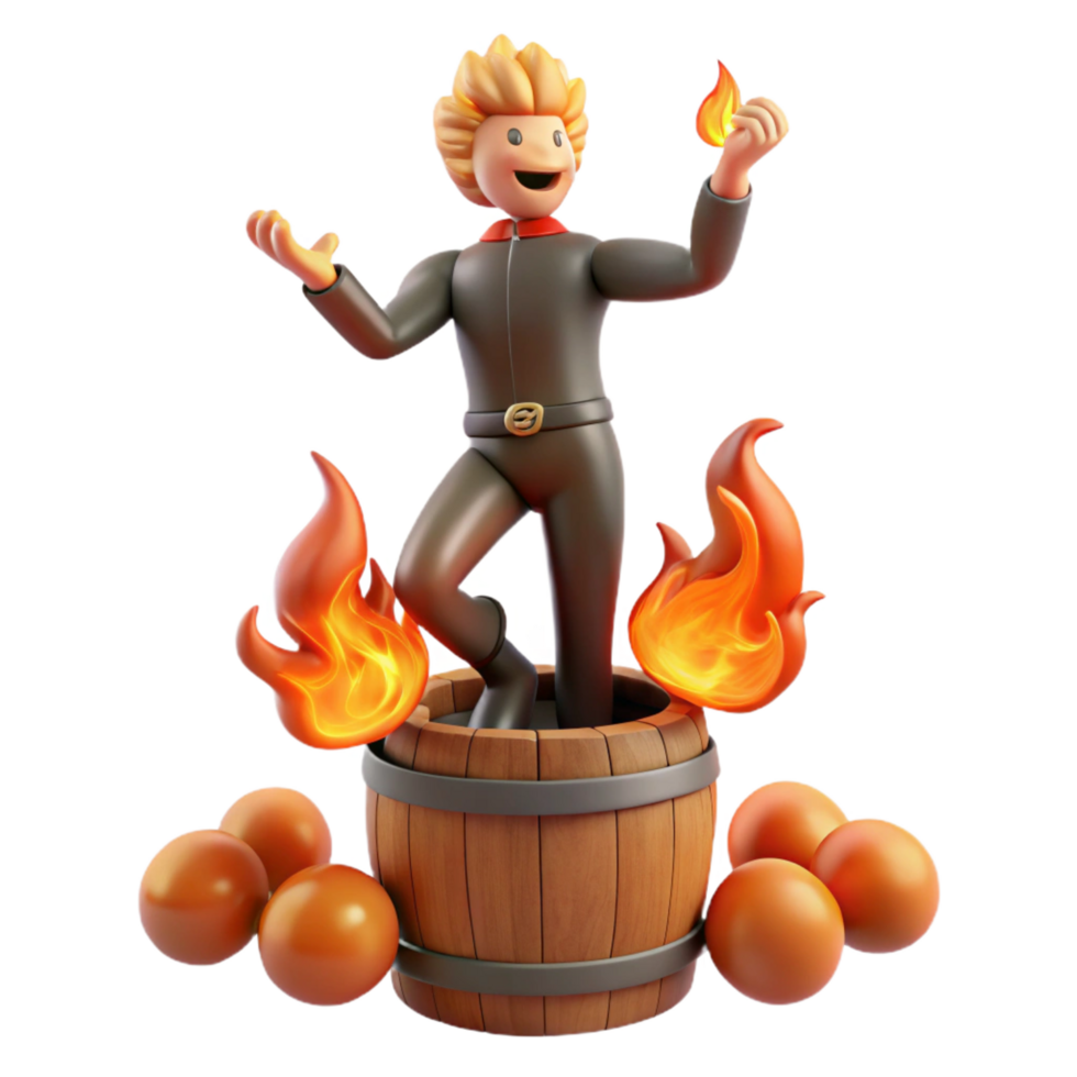 vibrant rustic 3D Cartoon Character on Fire Barrel with Eggs detailed png