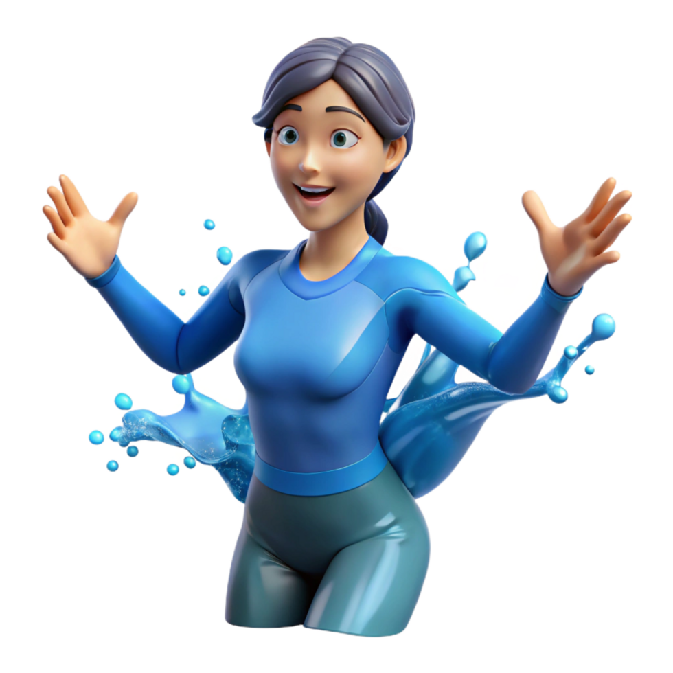 elegant rustic 3D Animated Woman, Water Splash, Activewear professional png