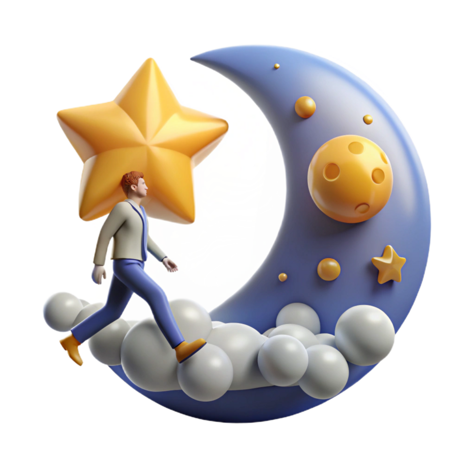 vibrant rustic Man Walking on Crescent Moon with Star high quality png